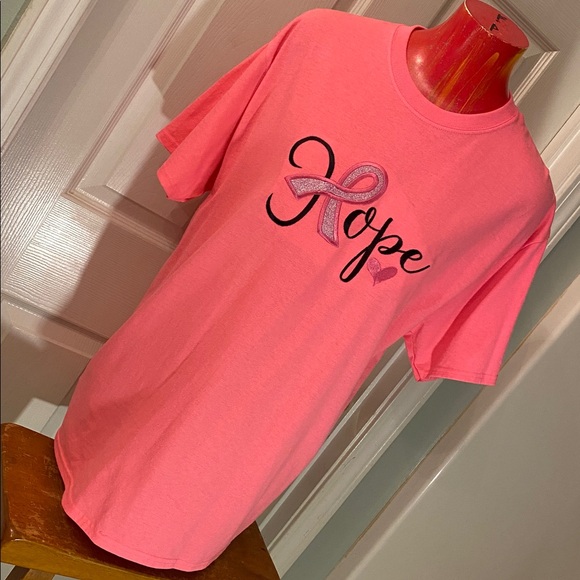 Jerzees Hand stitched HOPE Breast Cancer Awareness Ribbon Pink Crewneck Tee - Picture 3 of 10